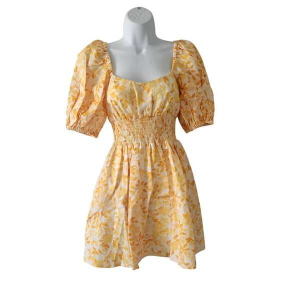 Peony Swimwear Linen Smocked Mini Dress Daffodil Floral Dress- M - Picture 4 of 11